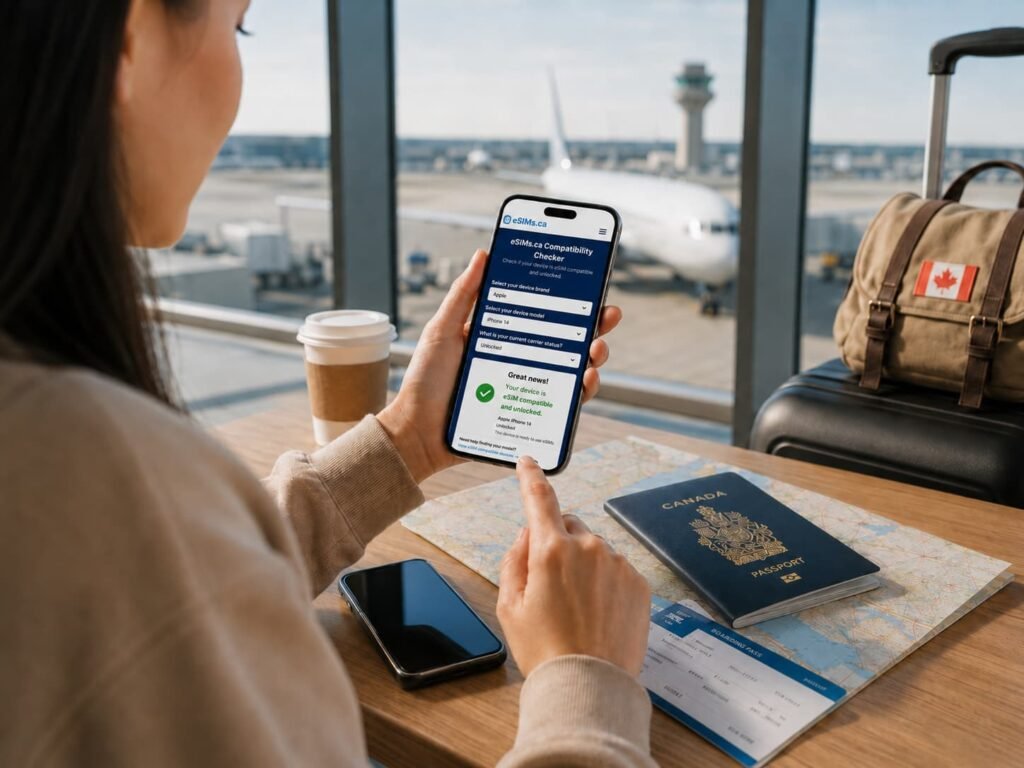Traveller using the eSIMs.ca Compatibility Checker on a smartphone to confirm eSIM support and unlocked status before buying a Canada tourist eSIM.