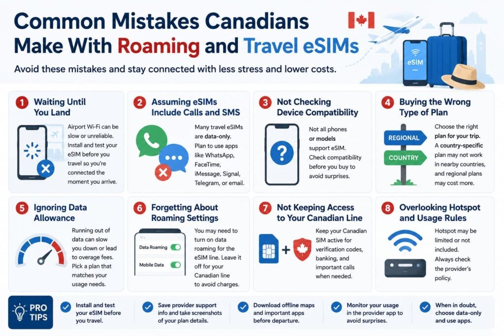 Infographic showing common mistakes Canadians make with Travel eSIM vs International Roaming for Canadians, including waiting until arrival, assuming eSIMs include calls and SMS, and forgetting roaming settings.