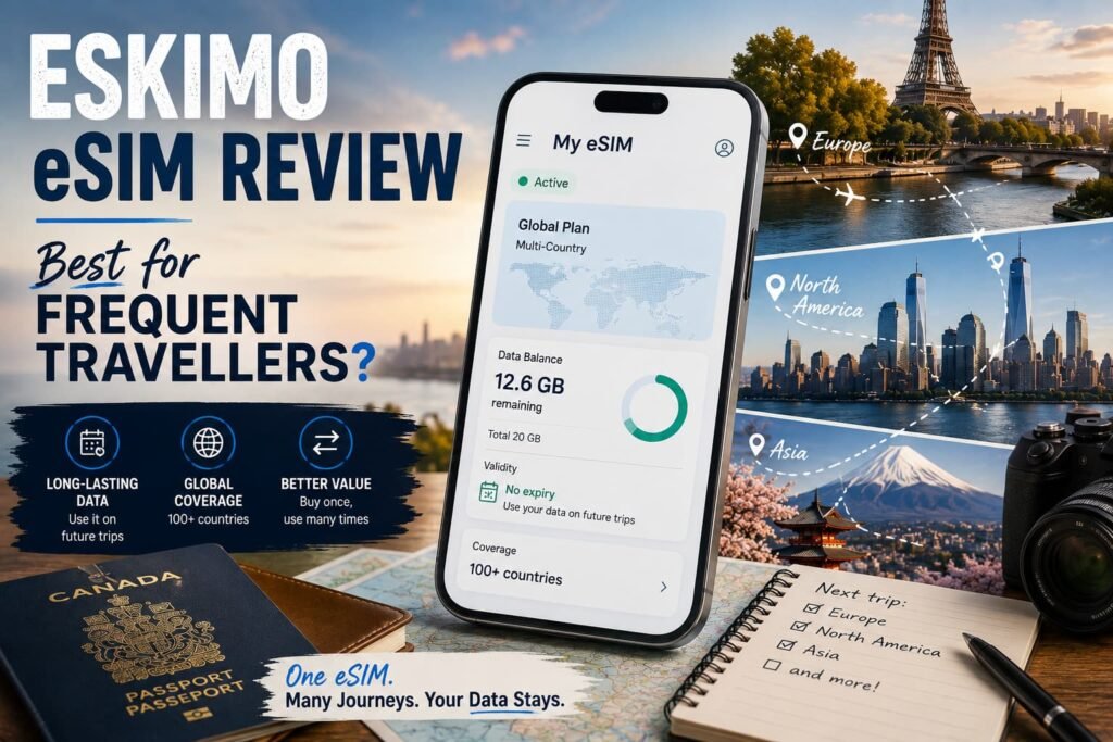 Eskimo eSIM review showing reusable travel data across multiple international trips