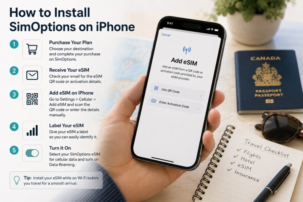 Traveller installing a SimOptions eSIM on an iPhone using the Add eSIM setup screen before international travel.