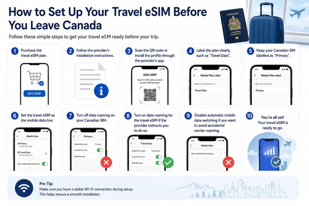 Infographic showing how to set up a travel eSIM before leaving Canada, including scanning the QR code, labelling the travel plan, selecting it for mobile data, turning off roaming on the Canadian SIM, and disabling automatic data switching