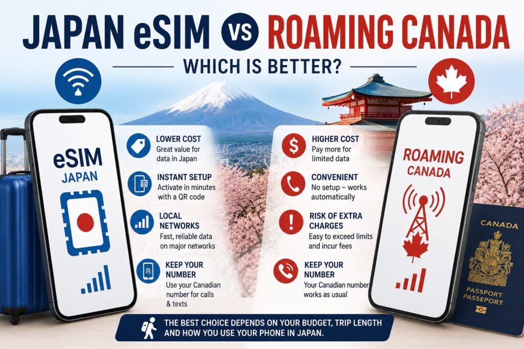 Infographic showing a Japan eSIM vs roaming Canada comparison, including cost, setup, convenience, and Canadian phone number differences for travellers visiting Japan