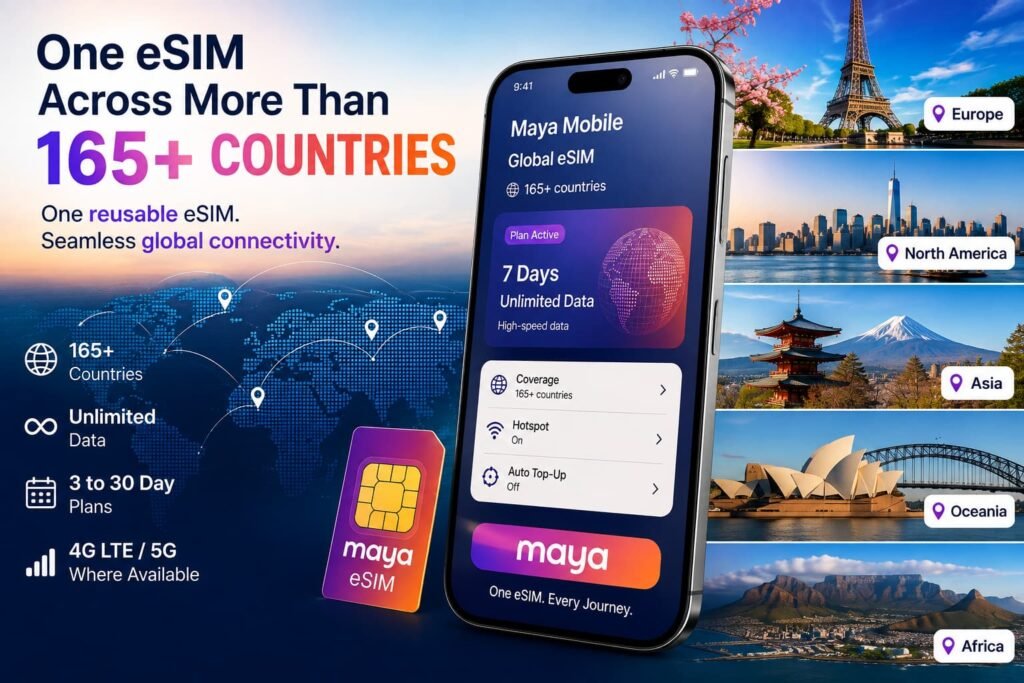 Maya Mobile eSIM showing one reusable global eSIM with unlimited data and coverage across more than 165 countries.