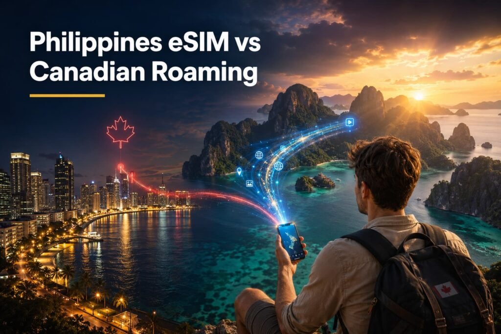 Canadian traveller comparing a Philippines travel eSIM with Canadian roaming while overlooking Manila and tropical Philippine islands.