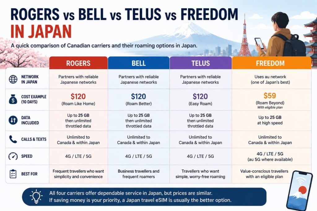 Infographic showing Rogers, Bell, TELUS, and Freedom roaming options in Japan for Canadian travellers, including pricing, data, calls, texts, and best-use scenarios