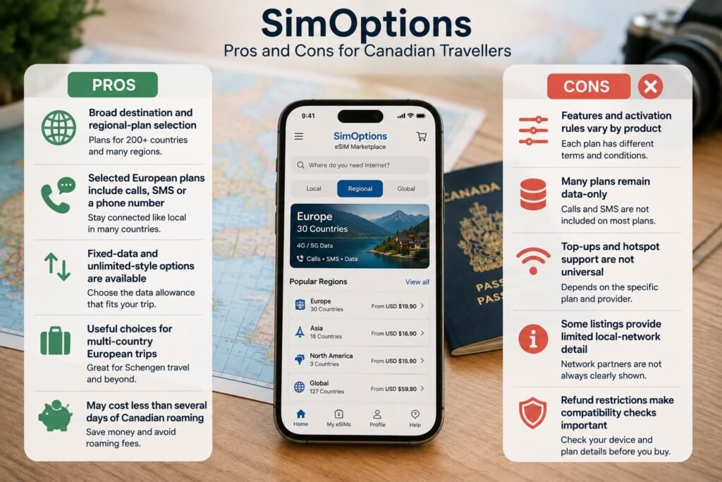 SimOptions pros and cons showing broad plan choice, selected calling features, flexible data options, varying activation rules, limited top-ups and refund restrictions.