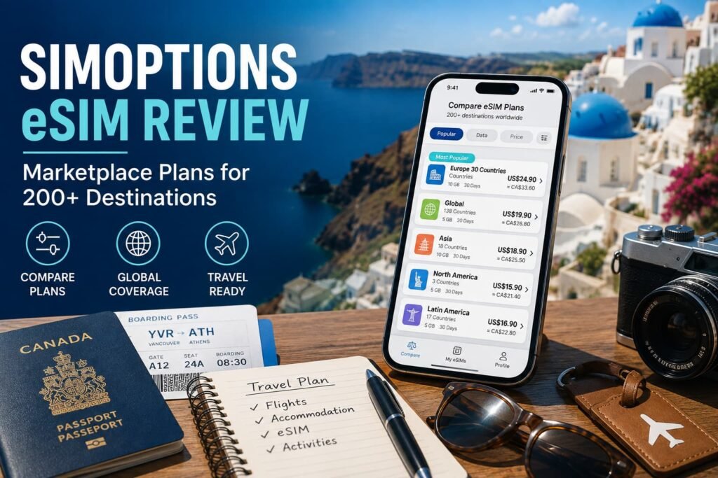 SimOptions eSIM review showing a Canadian traveller comparing Europe, global, Asia, North America and Latin America marketplace plans for more than 200 destinations.