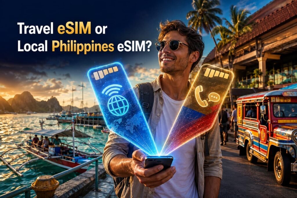 Traveller in the Philippines comparing an international travel eSIM with a local eSIM for calls, texts and mobile data.
