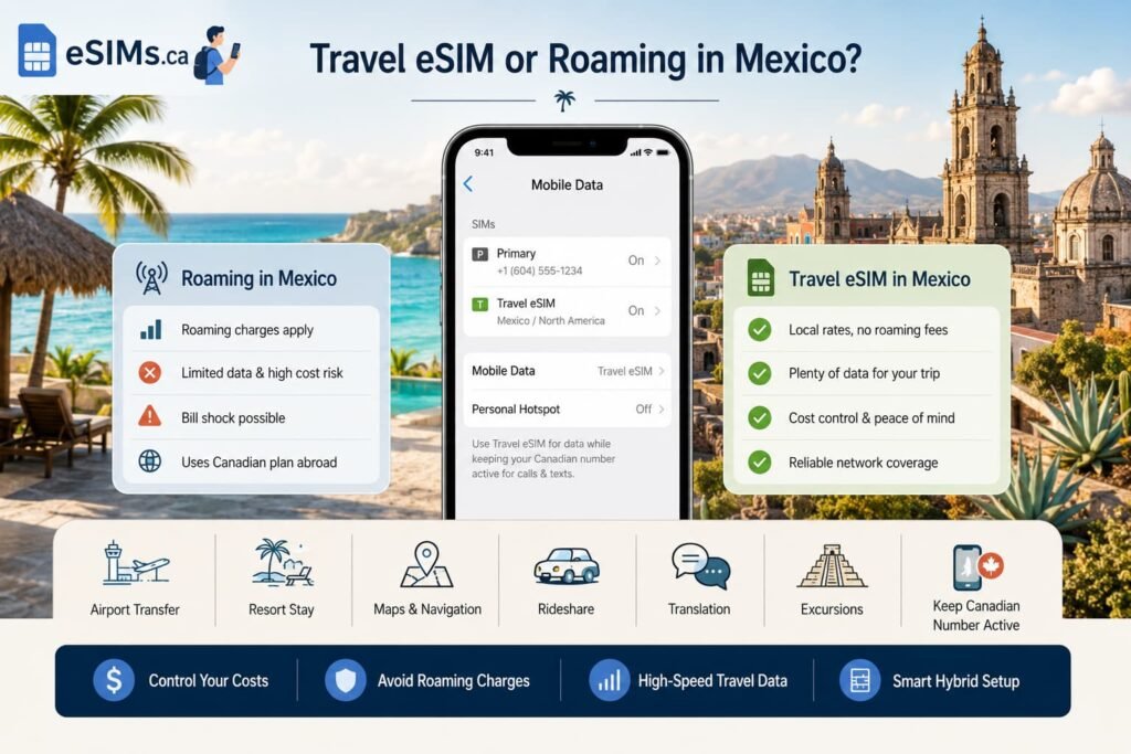 Infographic comparing travel eSIM and roaming in Mexico for Canadian travellers, showing a hybrid dual SIM phone setup, roaming risks, travel eSIM benefits, airport transfers, resort stays, maps, rideshares, translation, excursions, and keeping a Canadian number active.