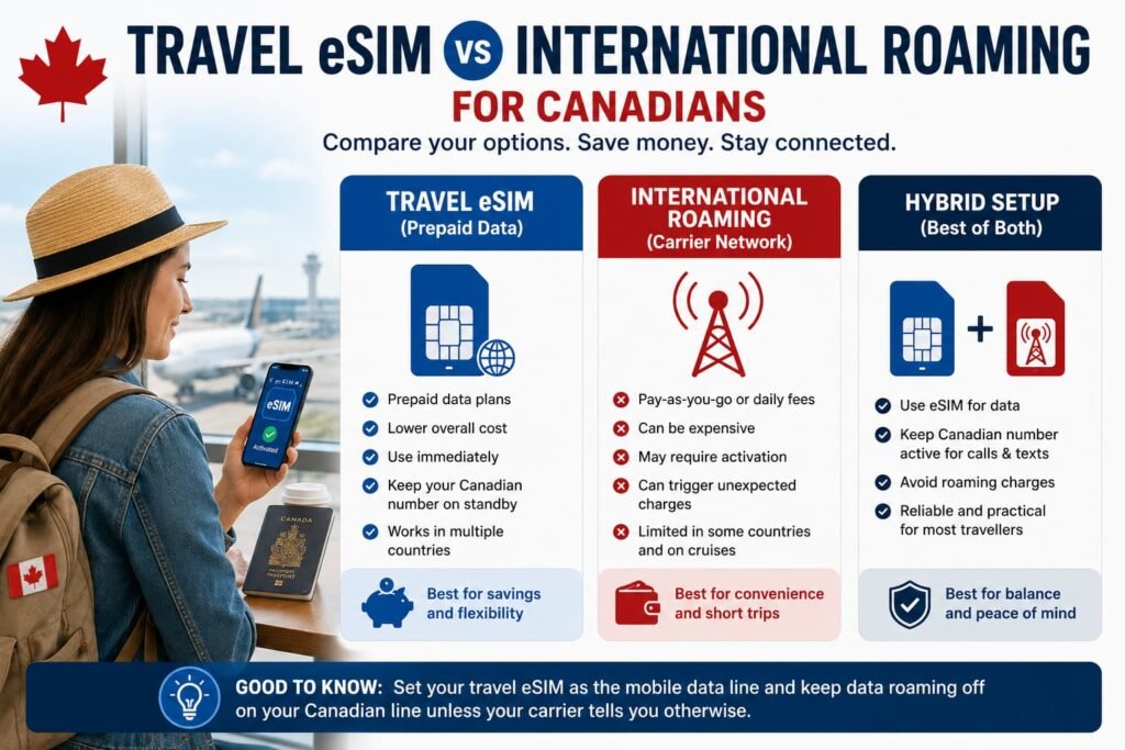 Infographic comparing Travel eSIM vs International Roaming for Canadians, showing travel eSIM, roaming, and hybrid setup options for different travel situations.