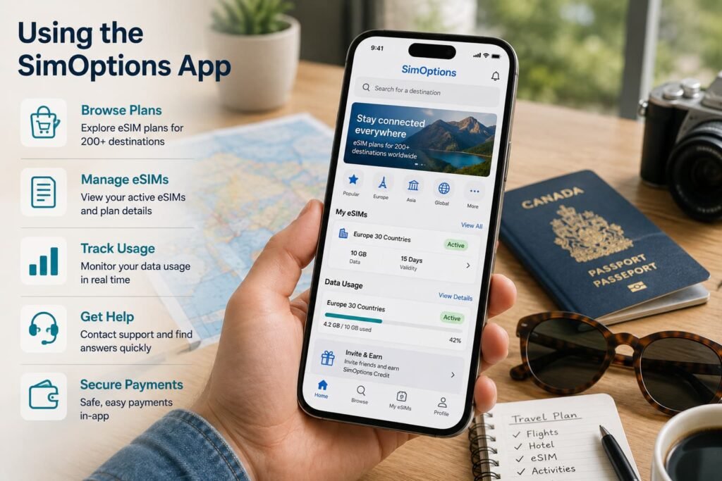 Traveller using the SimOptions app to browse eSIM plans, manage an active plan and monitor mobile data usage.