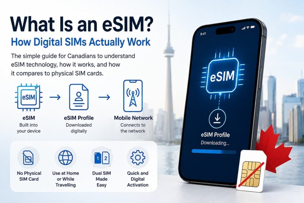 Infographic explaining what an eSIM is, how an eSIM profile connects a phone to a mobile network, and how digital SIMs differ from physical SIM cards.