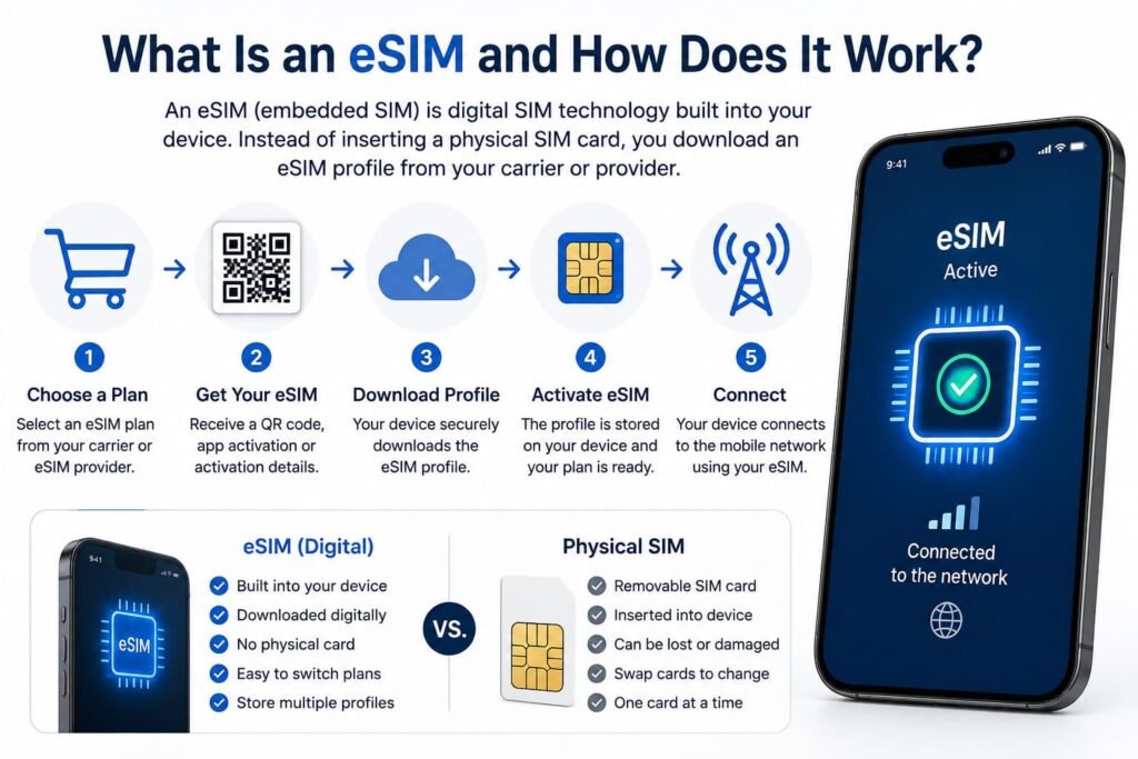 Infographic showing how an eSIM works, from choosing a mobile plan and downloading an eSIM profile to activating it and connecting to a cellular network.