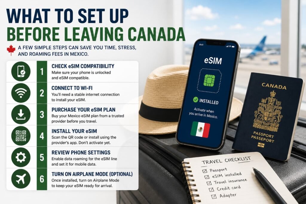 Canadian traveller preparing a Mexico eSIM before departure with a smartphone, passport, Wi-Fi setup checklist and travel essentials