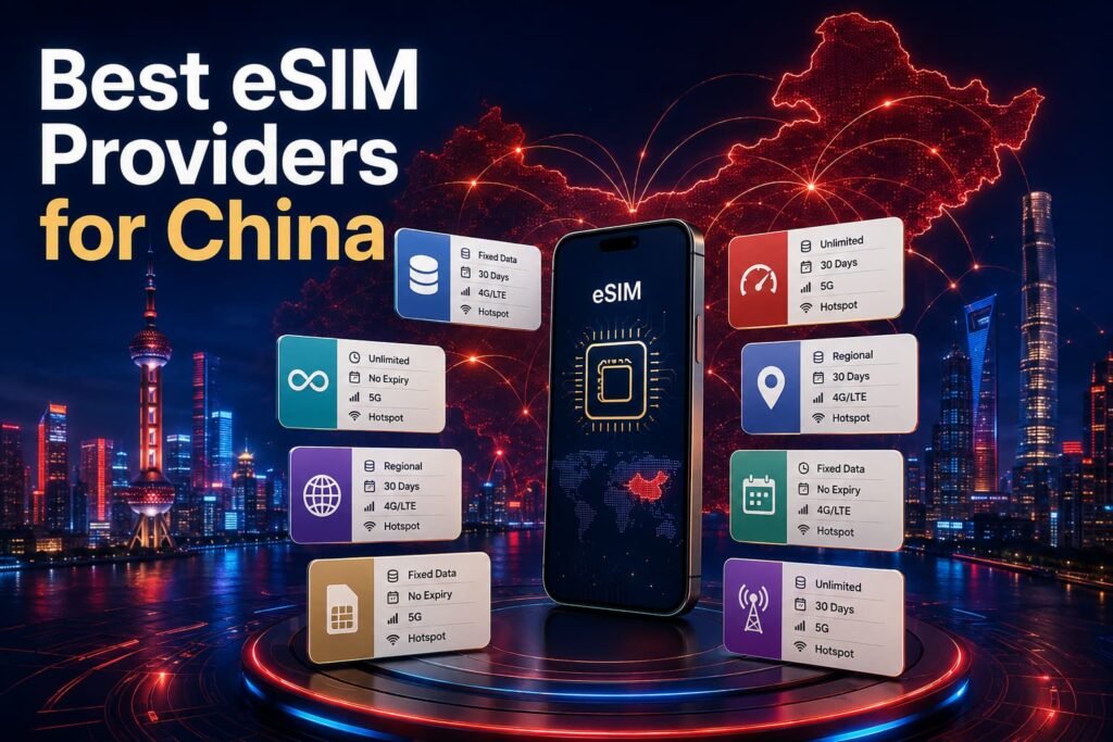 Infographic comparing the best eSIM providers for China by data type, validity, network speed and hotspot support.