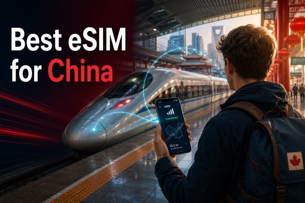 Infographic showing the best eSIM for China from Canada, with a connected traveller at a Chinese high-speed rail station.