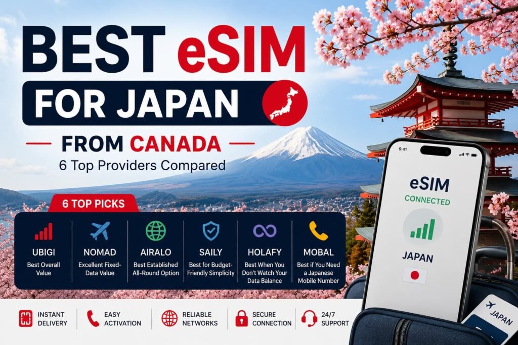 Best eSIM for Japan featuring six top picks for Canadian travellers: Ubigi, Nomad, Airalo, Saily, Holafly and Mobal.