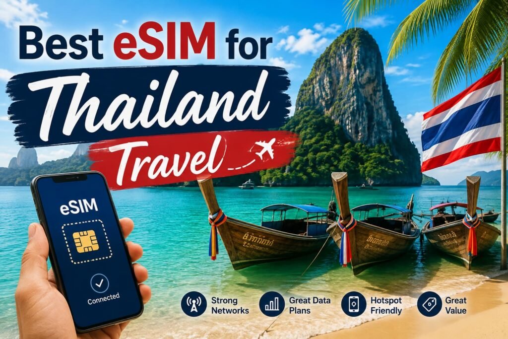 Infographic showing the best eSIM for Thailand travel from Canada with mobile data, hotspot support and Thai network coverage.