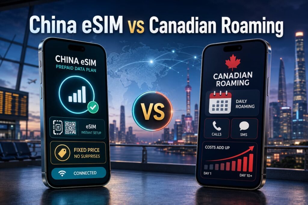 Infographic comparing a prepaid China eSIM with Canadian roaming for data, setup, calls, texts and daily costs.