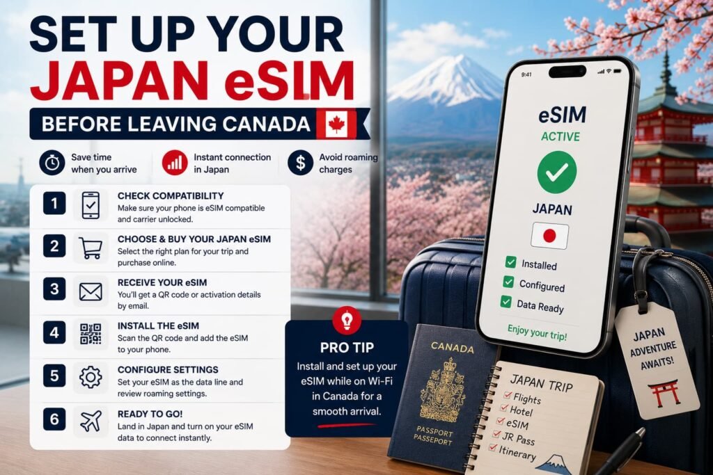 Best eSIM for Japan from Canada setup checklist showing how to install and configure a Japan eSIM before leaving Canada.