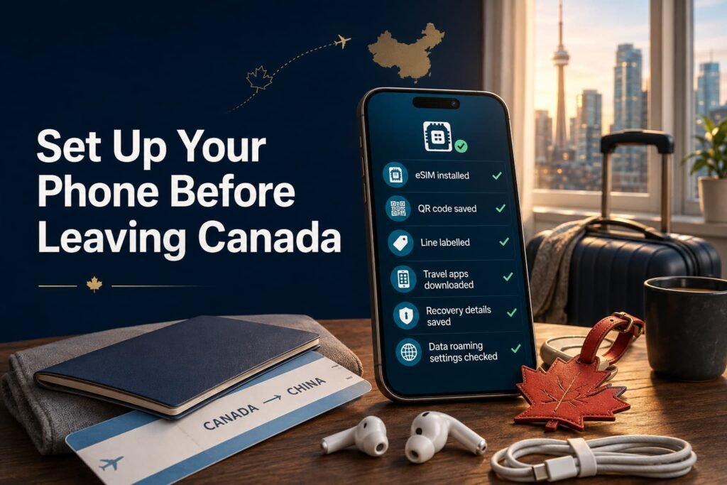 Infographic showing a China eSIM setup checklist on a phone before travelling from Canada to China.