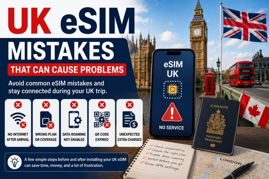 Infographic showing common UK eSIM mistakes that can cause problems, including wrong plans, roaming settings, expired QR codes and unexpected charges.