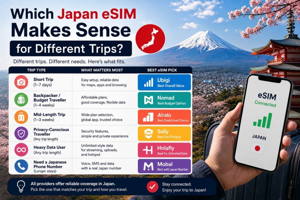 Japan eSIM choices for different trips, comparing Ubigi, Nomad, Airalo, Saily, Holafly and Mobal for Canadian travellers.