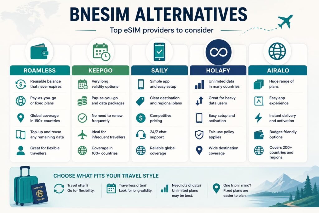 Infographic comparing BNESIM alternatives including Roamless, Keepgo, Saily, Holafly and Airalo by travel style and plan type