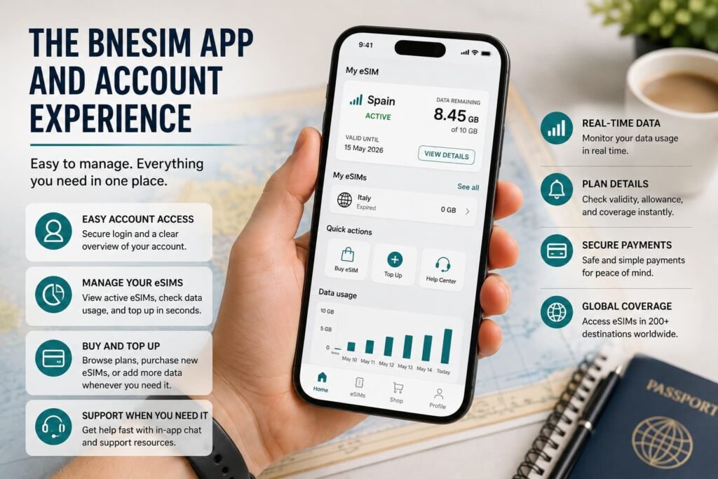 Infographic showing the BNESIM app and account experience, including eSIM management, data usage, plan details, top-ups and support features.