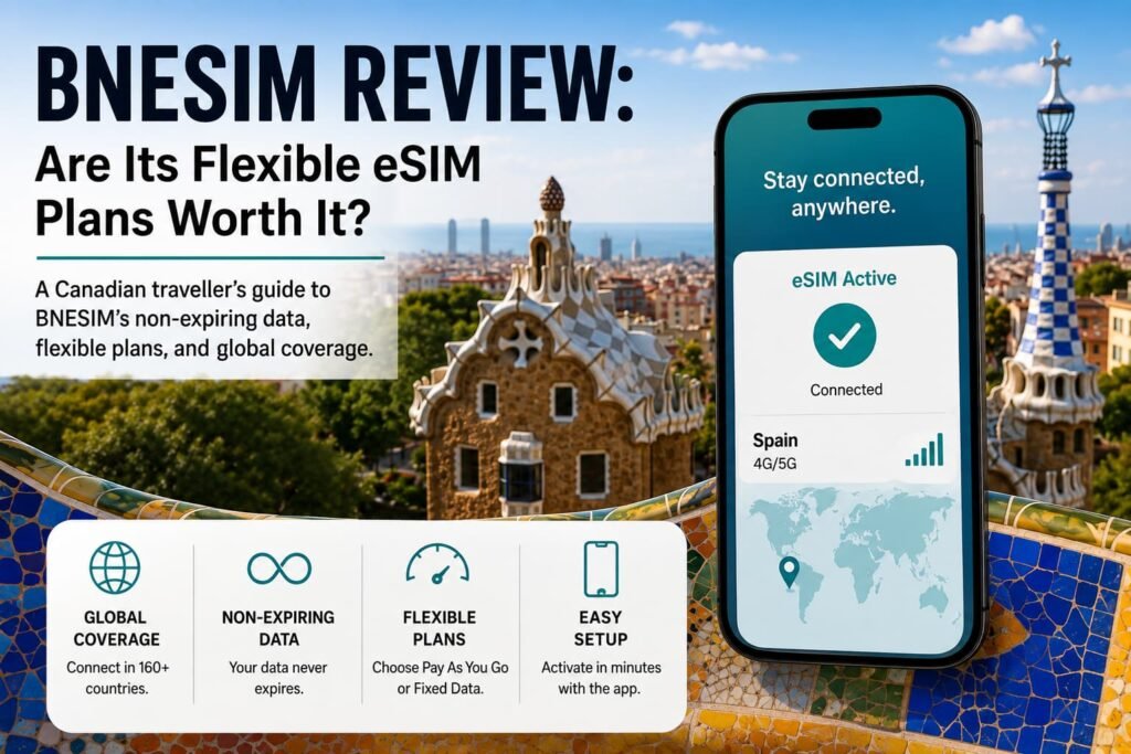 BNESIM eSIMs review graphic showing an active eSIM connection with global coverage and non-expiring data
