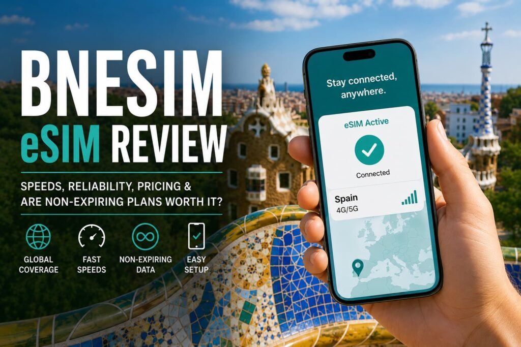 BNESIM review showing an active travel eSIM in Spain with fast speeds, non-expiring data and easy setup