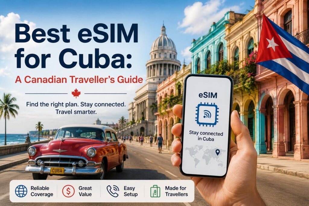 Infographic showing the best eSIM for Cuba for Canadian travellers, with a smartphone, Havana streetscape, Cuban flag, classic car, and travel connectivity icons.