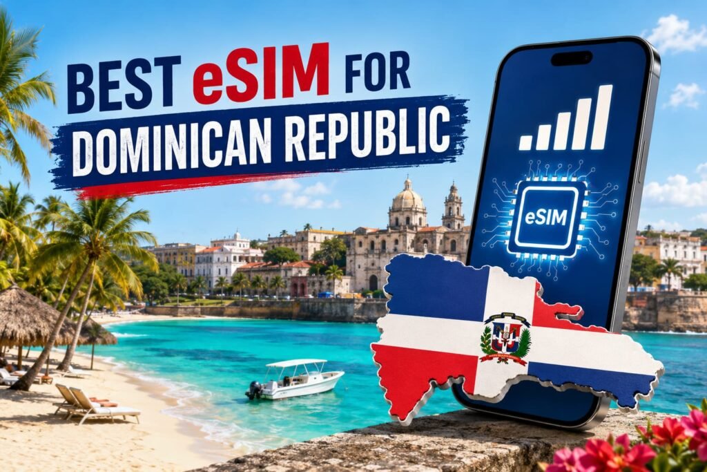 Infographic showing the best eSIM for Dominican Republic with a connected smartphone, Dominican Republic map, tropical beach and Santo Domingo cityscape.