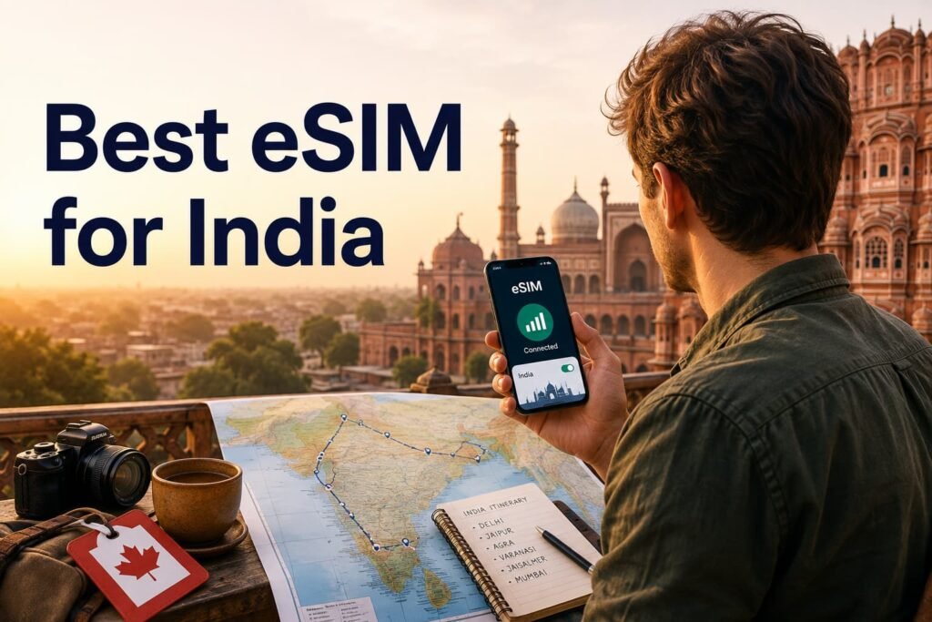 Infographic showing a Canadian traveller using the best eSIM for India while planning a route across the country.