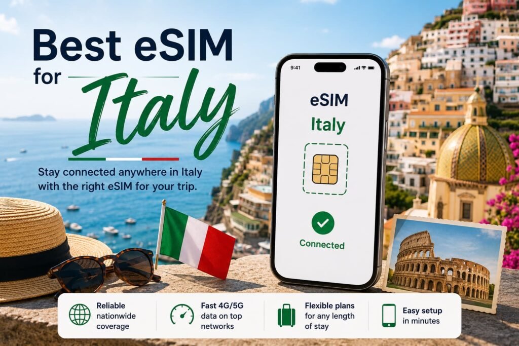 Infographic showing the best eSIM for Italy with a connected smartphone, Italian flag, Amalfi Coast scenery, and travel connectivity features.