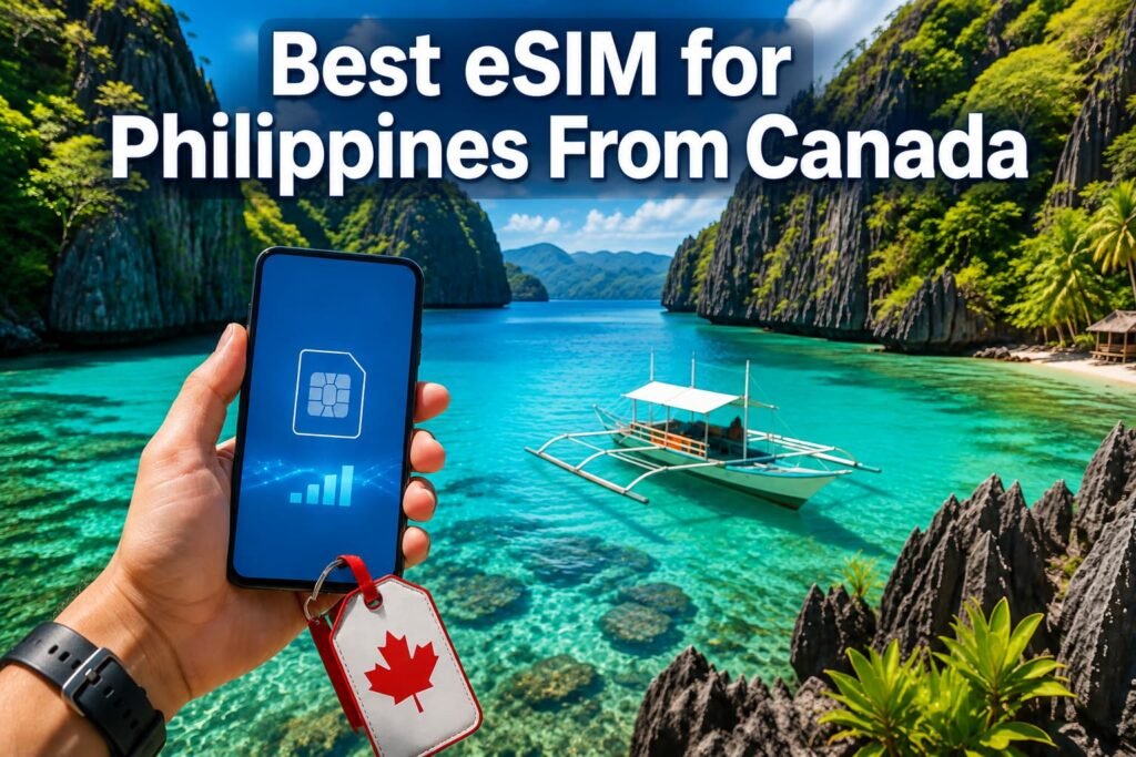 Best eSIM for Philippines From Canada with a Canadian traveller holding an eSIM phone beside a tropical Philippine lagoon.