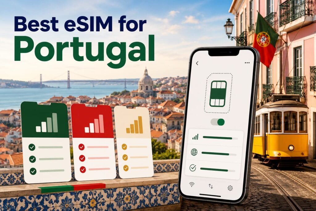 Infographic showing the best eSIM for Portugal with a Lisbon cityscape, Portugal flag, eSIM plan options and a connected smartphone.