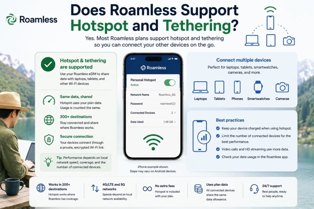 Infographic explaining Roamless hotspot and tethering support for travellers using laptops, tablets, and other Wi-Fi devices with a Roamless eSIM.