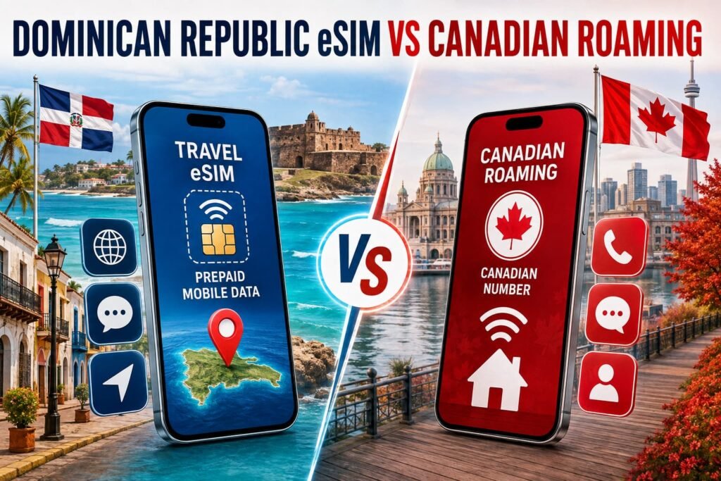 Infographic showing a Dominican Republic travel eSIM for prepaid data beside Canadian roaming for calls, texts and keeping a Canadian number.