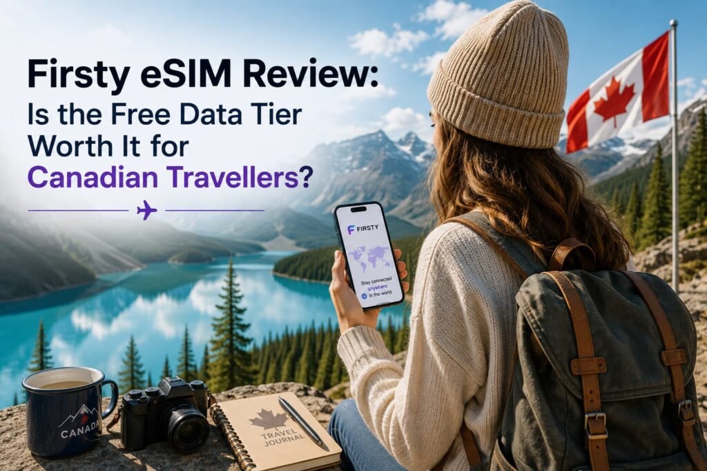Canadian traveller using Firsty Free mobile data on a smartphone while exploring a mountain lake destination.