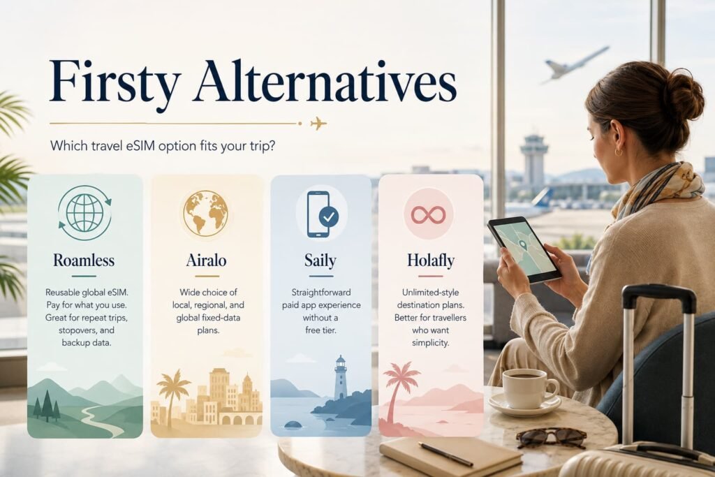 Comparison graphic showing Firsty eSim alternatives for travellers, including Roamless, Airalo, Saily, and Holafly, with a traveller at an airport choosing the best travel eSIM option.