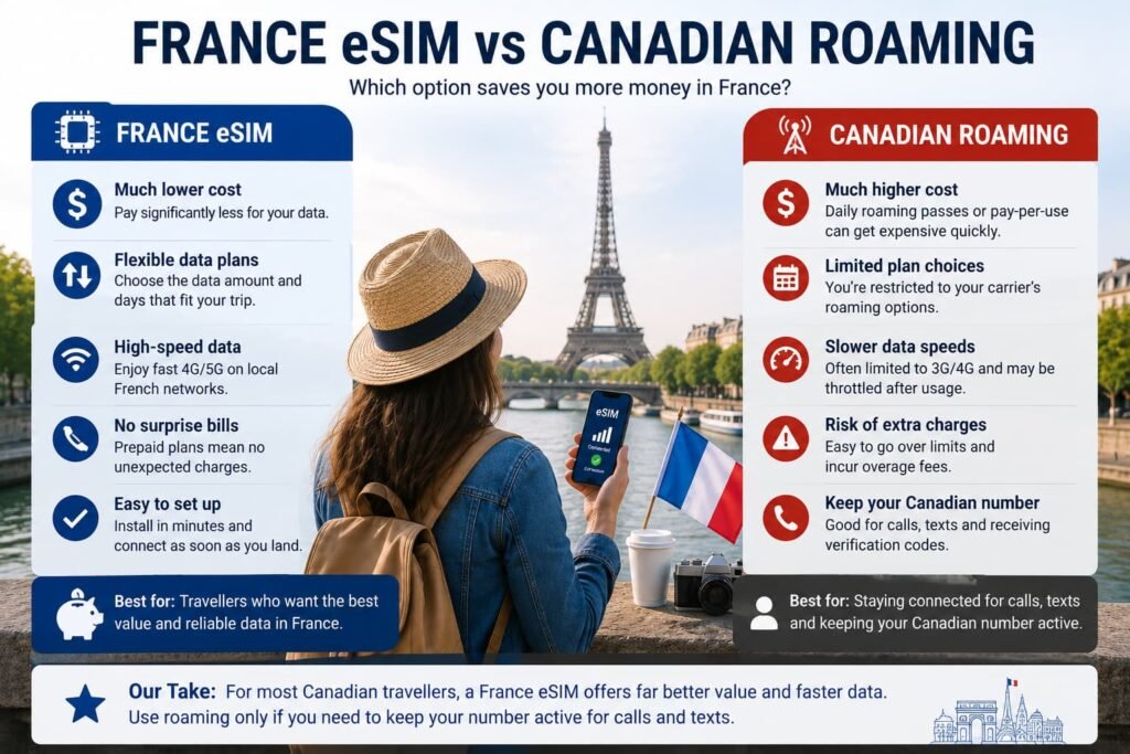 Infographic comparing a France eSIM with Canadian roaming for travellers from Canada, including cost, data, setup, and keeping a Canadian number active.