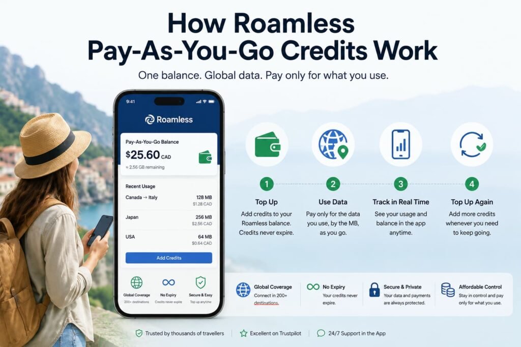Infographic showing how Roamless pay-as-you-go credits let travellers add funds, use data by the megabyte, track usage, and top up again.