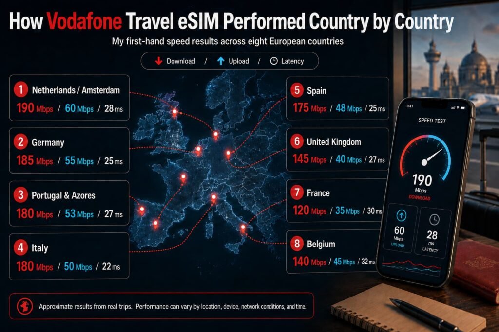 Infographic comparing Vodafone Travel eSIM download speeds, upload speeds and latency from first-hand testing across eight European countries.