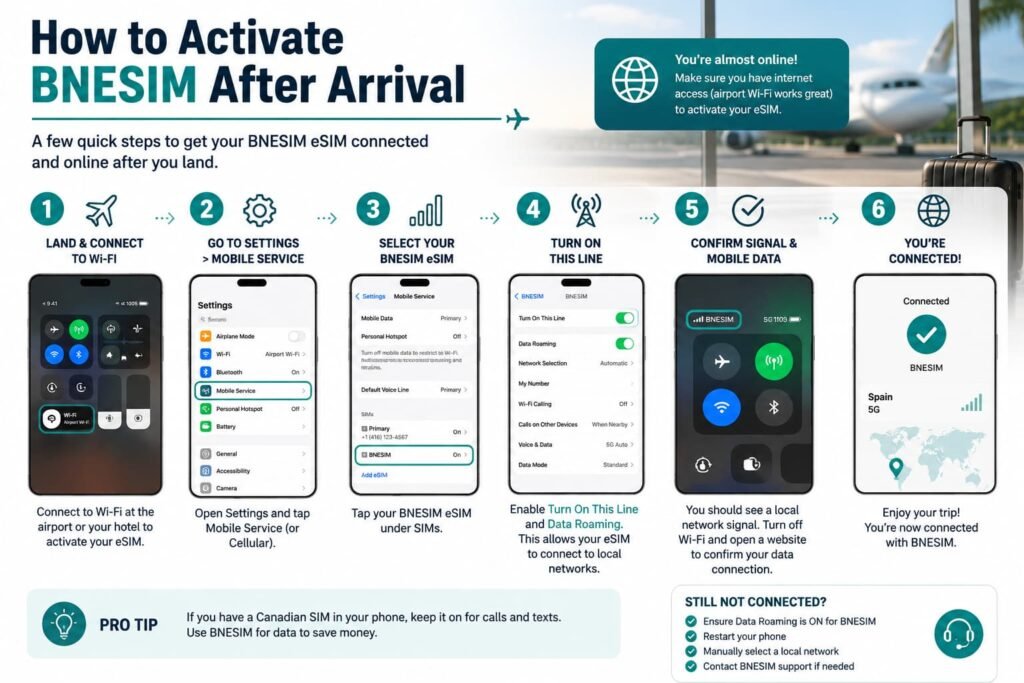 Infographic showing how to activate a BNESIM eSIM after arrival by selecting the travel line, enabling data roaming and confirming the mobile connection
