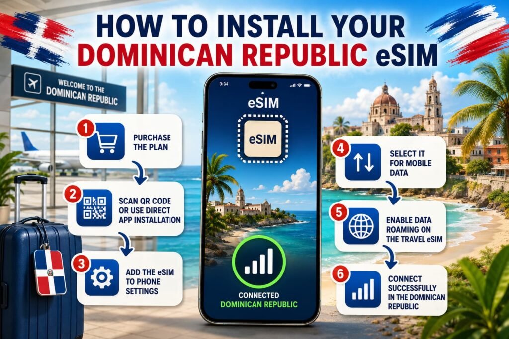 Infographic showing how to install a Dominican Republic eSIM, select it for mobile data, enable data roaming and connect after arrival.