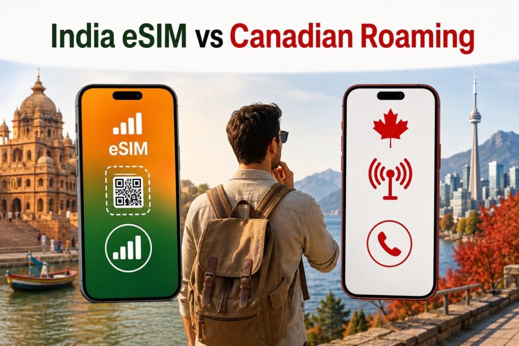Infographic comparing an India eSIM with Canadian roaming for travellers choosing mobile service in India.
