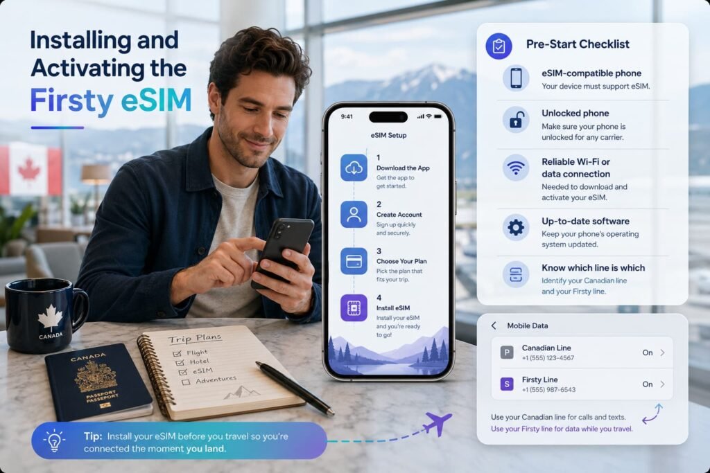 Traveller setting up a Firsty eSIM on a smartphone with a pre-start checklist showing eSIM compatibility, unlocked phone, Wi-Fi access, updated software, and separate Canadian and Firsty lines.