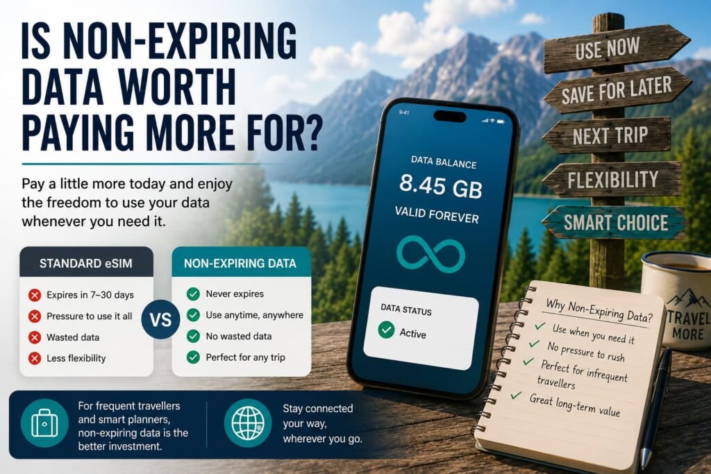 BNESIM infographic comparing non-expiring eSIM data with standard travel eSIM plans for Canadian travellers
