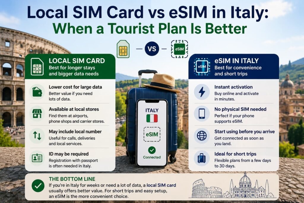 Infographic comparing a local SIM card with an eSIM in Italy, showing the main differences for tourists, short trips, longer stays, data needs, and setup.